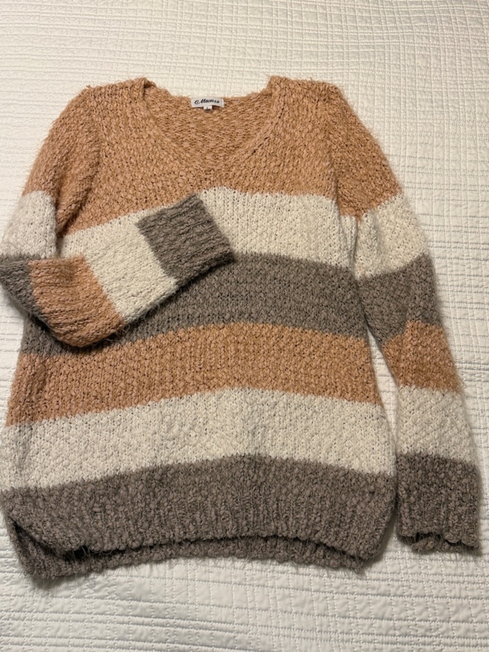 MACARON Striped V-Neck Sweater in Cream, Tan & Gray